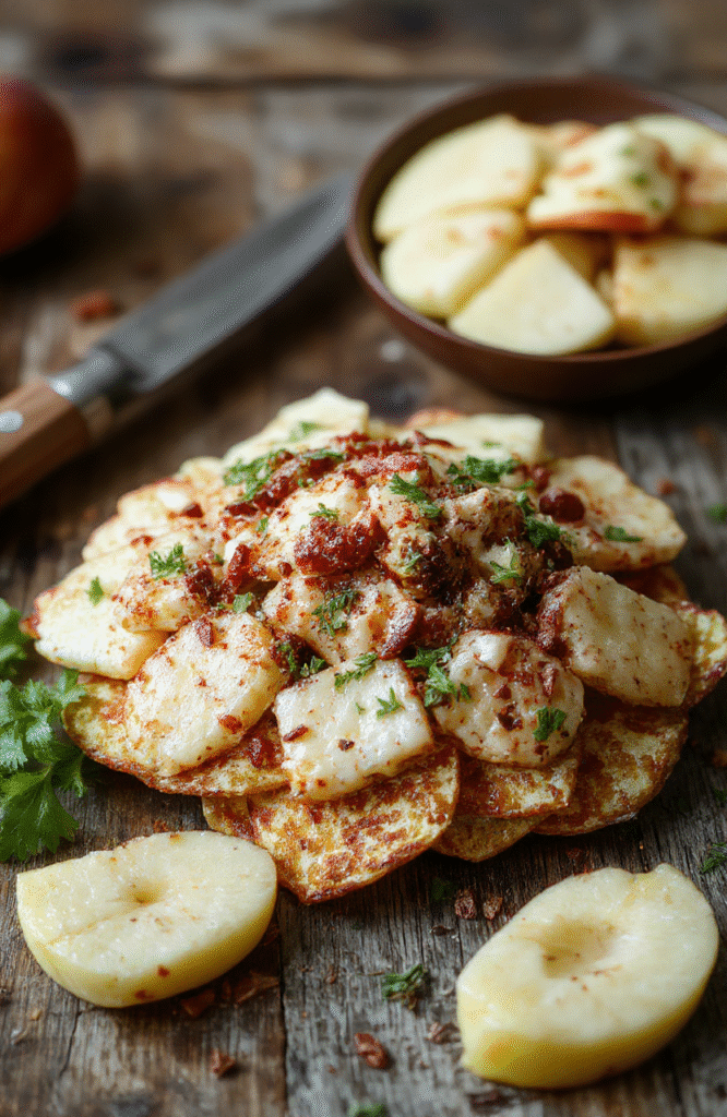 A vibrant plate of healthy apple nachos featuring thinly sliced crisp apples topped with drizzle of honey, almond slices, chia seeds, and a sprinkle of cinnamon, arranged beautifully on a white ceramic plate with a rustic wooden background, showcasing textures of juicy fruit and crunchy toppings, styled casually to emphasize a fresh and inviting snack