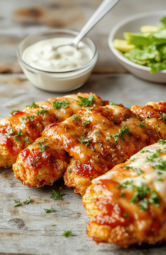 Colorful platter of golden-baked buffalo ranch chicken strips served with fresh lettuce and carrot sticks. The crispy chicken tenders are coated with buffalo sauce and topped with a dollop of ranch dressing, arranged neatly on a white ceramic plate. Natural light highlights the texture of the crispy coating and the vibrant orange buffalo sauce, creating an appetizing and inviting presentation with a modern, rustic touch.