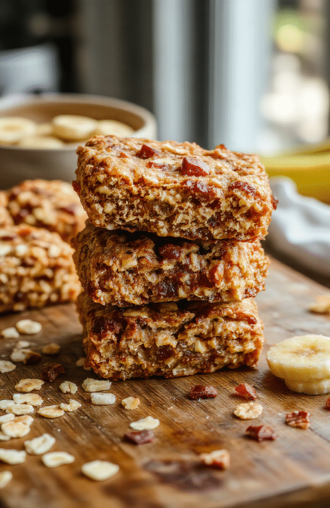 A close-up of stacked rectangular banana oatmeal bars on a rustic wooden surface, showcasing their golden-brown edges, soft interior with visible banana and oats, lightly sprinkled with crushed nuts and drizzled with honey for an inviting, wholesome appearance.