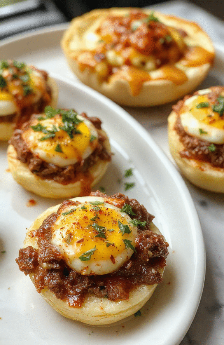 Colorful breakfast egg cups arranged on a white plate, showcasing melted cheese, cooked ground beef, and fluffy eggs with green herbs garnished on top, styled simply with soft natural lighting to highlight textures and vibrant colors