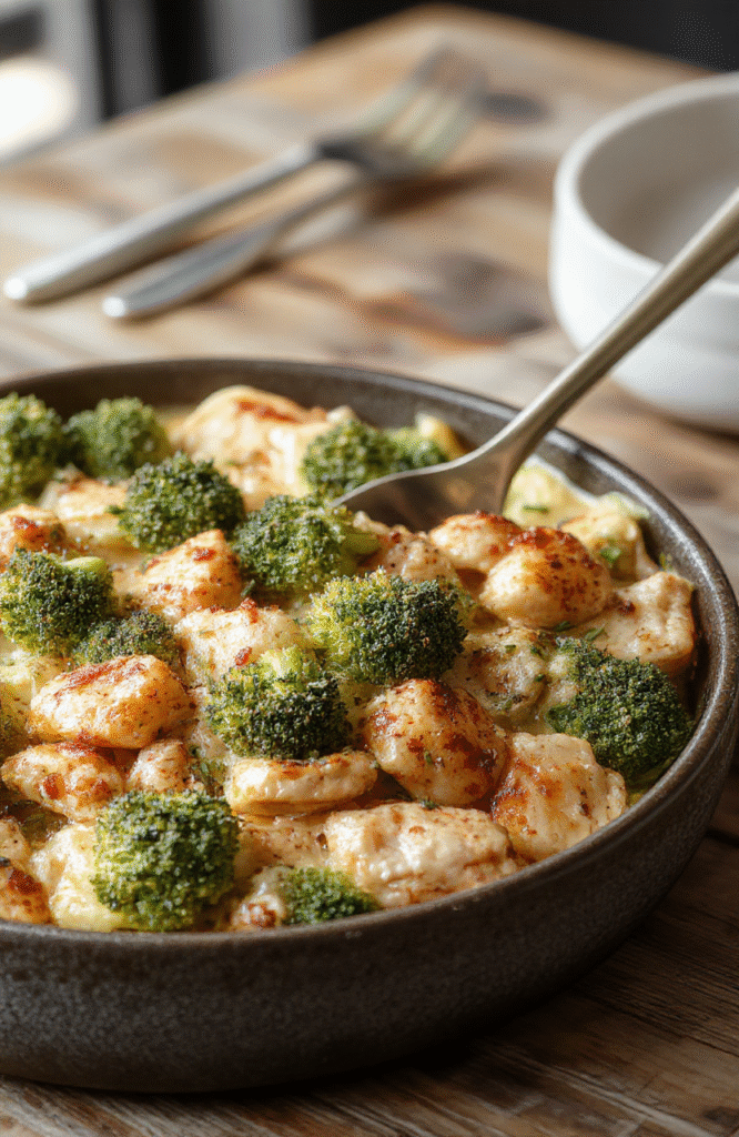 A vibrant broccoli chicken casserole on a white ceramic plate, topped with melted cheese and fresh parsley, with steam rising. The casserole features bright green broccoli florets and tender shredded chicken in a creamy sauce, with a golden-brown baked cheese crust. The background shows a rustic wooden table with a fork beside the dish, styled minimally to emphasize its colorful and appetizing look.