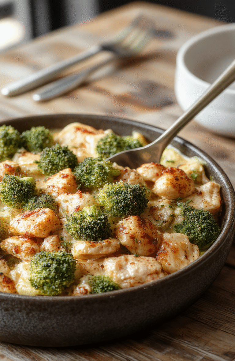 A vibrant broccoli chicken casserole on a white ceramic plate, topped with melted cheese and fresh parsley, with steam rising. The casserole features bright green broccoli florets and tender shredded chicken in a creamy sauce, with a golden-brown baked cheese crust. The background shows a rustic wooden table with a fork beside the dish, styled minimally to emphasize its colorful and appetizing look.