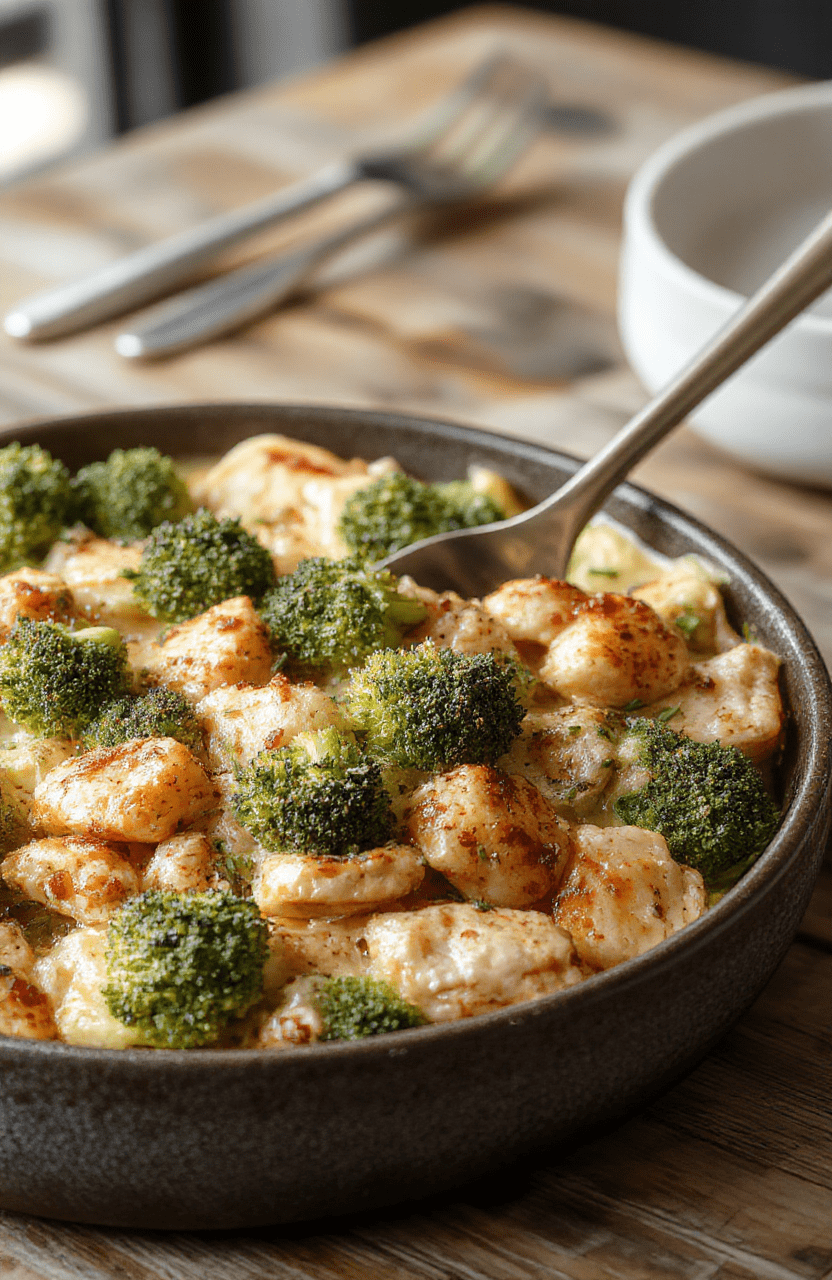 A vibrant broccoli chicken casserole on a white ceramic plate, topped with melted cheese and fresh parsley, with steam rising. The casserole features bright green broccoli florets and tender shredded chicken in a creamy sauce, with a golden-brown baked cheese crust. The background shows a rustic wooden table with a fork beside the dish, styled minimally to emphasize its colorful and appetizing look.