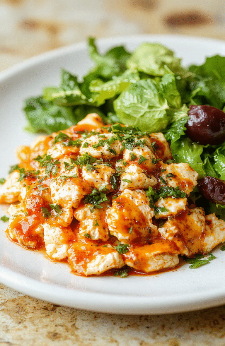 A vibrant bowl of buffalo chicken salad featuring crisp greens, diced chicken coated in buffalo sauce, cherry tomatoes, red onions, and blue cheese crumbles, all drizzled with a creamy dressing. The colorful ingredients are arranged invitingly on a rustic white plate, styled with fresh herbs and a background of natural sunlight highlighting the textures and vivid colors.