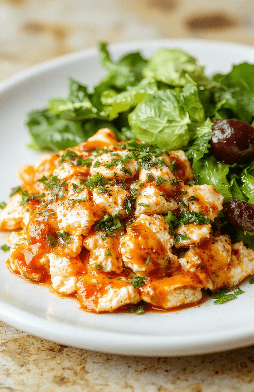 A vibrant bowl of buffalo chicken salad featuring crisp greens, diced chicken coated in buffalo sauce, cherry tomatoes, red onions, and blue cheese crumbles, all drizzled with a creamy dressing. The colorful ingredients are arranged invitingly on a rustic white plate, styled with fresh herbs and a background of natural sunlight highlighting the textures and vivid colors.