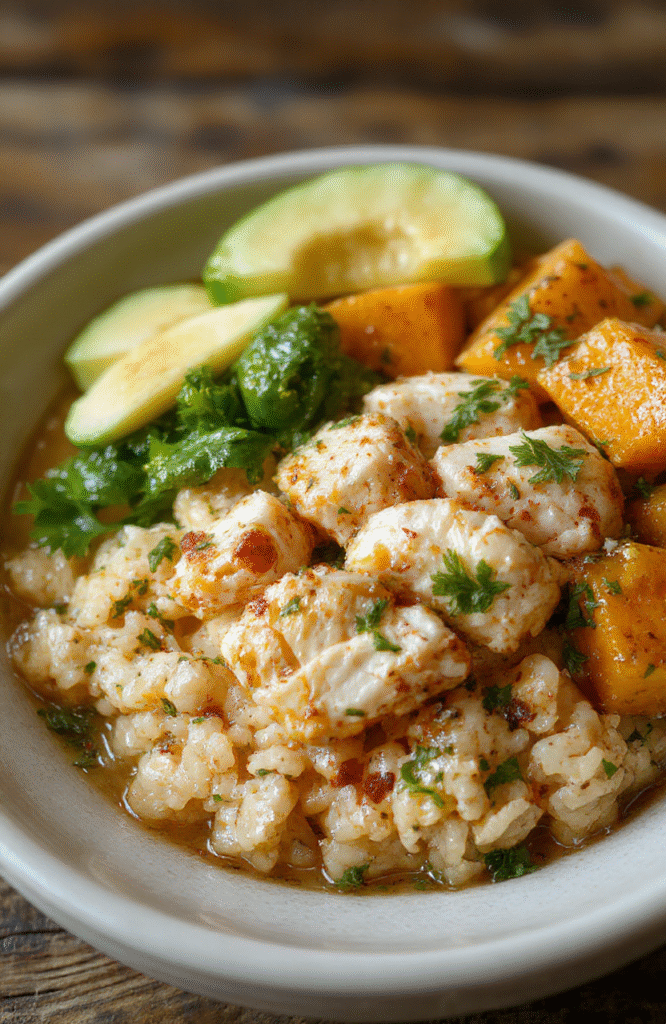 A colorful rice bowl featuring tender shredded chicken, roasted sweet potato cubes, chopped fresh herbs, and vibrant vegetables arranged on a white ceramic plate, with a drizzle of sauce, all set on a rustic wooden surface. The textures of crispy sweet potatoes and juicy chicken complement the fluffy rice and leafy greens, styled simply for an inviting, appetizing presentation.