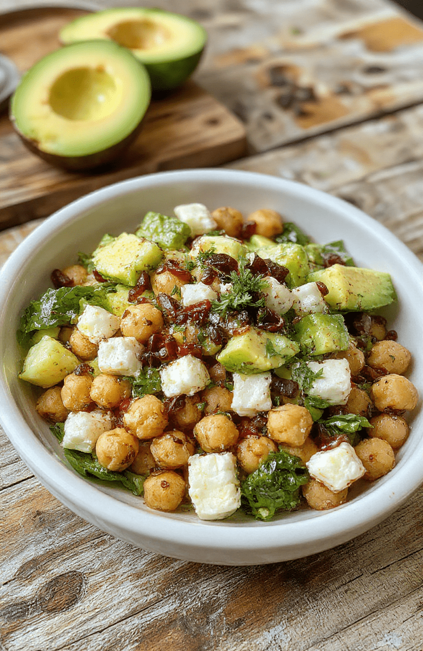 A vibrant bowl of salad featuring creamy avocado chunks, crumbly feta cheese, golden chickpeas, bright cherry tomatoes, and fresh herbs. The salad is plated on a rustic wooden table, highlighting the colorful ingredients with a textured background and natural lighting, emphasizing freshness and appetizing textures.