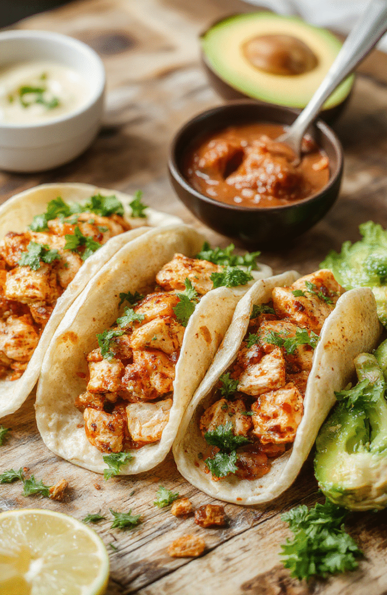 A colorful plate of shredded chicken tacos topped with fresh cilantro, diced tomatoes, and sliced avocados. The tacos are neatly arranged on a rustic wooden platter with a side of lime wedges and vibrant salad. The dish looks juicy and inviting, with crispy taco shells and a sprinkle of cheese, styled for a casual, appetizing presentation.