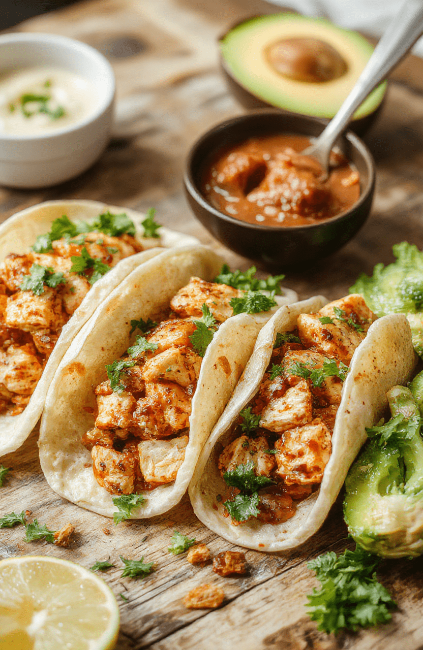 A colorful plate of shredded chicken tacos topped with fresh cilantro, diced tomatoes, and sliced avocados. The tacos are neatly arranged on a rustic wooden platter with a side of lime wedges and vibrant salad. The dish looks juicy and inviting, with crispy taco shells and a sprinkle of cheese, styled for a casual, appetizing presentation.