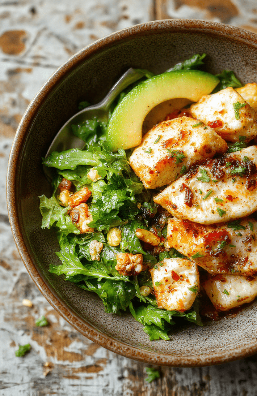 A vibrant Mediterranean chicken bowl featuring grilled chicken slices, cherry tomatoes, cucumbers, olives, hummus, and a sprinkle of fresh herbs arranged in a colorful bowl on a rustic wooden table, showcasing textures from juicy chicken to crisp vegetables and creamy hummus, styled with a minimalist and fresh look.