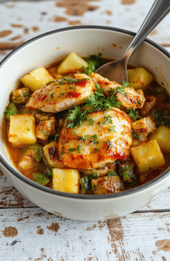 A colorful plate featuring tender cooked chicken pieces with vibrant mixed vegetables like carrots, bell peppers, and broccoli arranged neatly. The dish is served on a rustic wooden table with a light background, highlighting the textures and fresh ingredients, with steam rising gently, suggesting warmth and freshness.