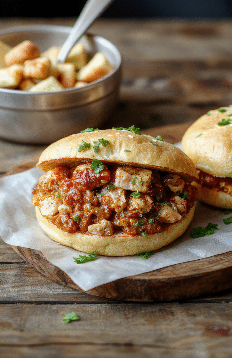 A vibrant plate featuring a homemade turkey sloppy joe burger with a juicy, seasoned turkey patty topped with fresh lettuce, tomato slices, and a smear of tomato sauce, served on a toasted bun. The dish is styled casually on a rustic wooden board with a side of crispy sweet potato fries and a small bowl of extra sauce, visually appealing with rich colors, textures, and inviting presentation.