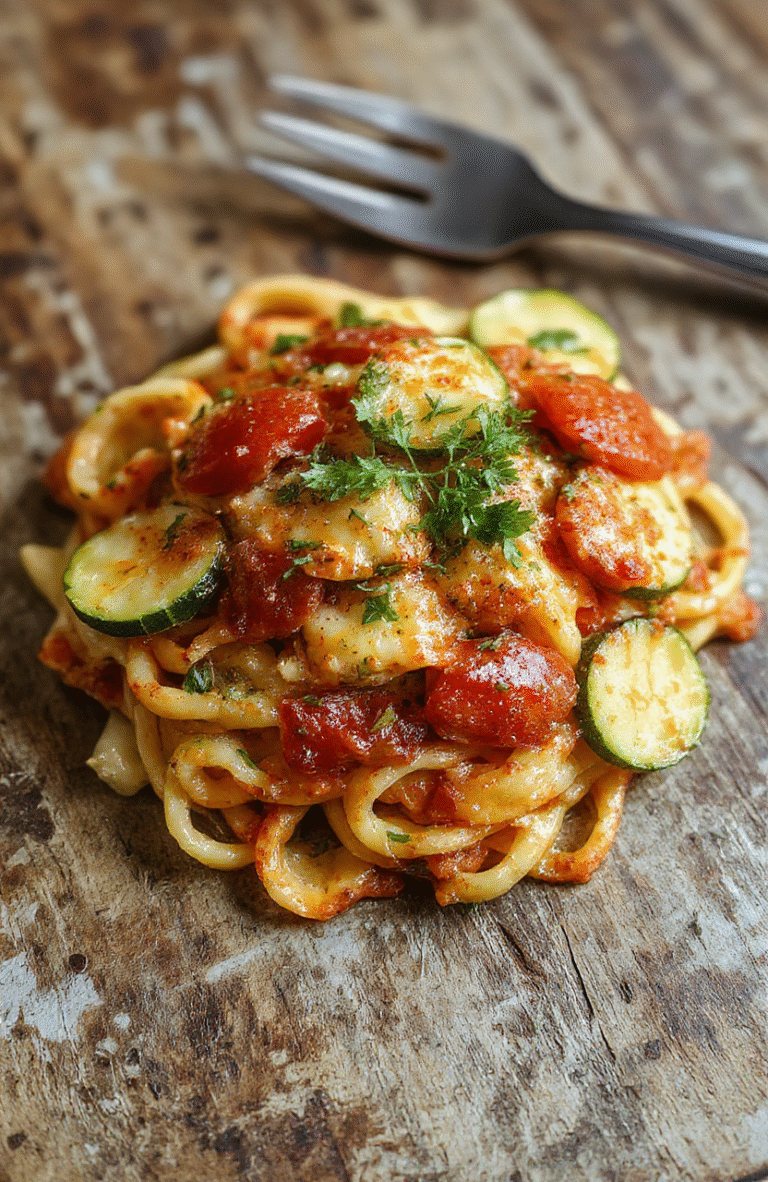 A vibrant plate of vegetarian tomato zucchini pasta with cherry tomatoes, zucchini spirals, fresh basil, grated parmesan, and olive oil drizzle on a rustic wooden table, showcasing colorful ingredients, textured pasta, and fresh herbs, styled simply for an inviting look.