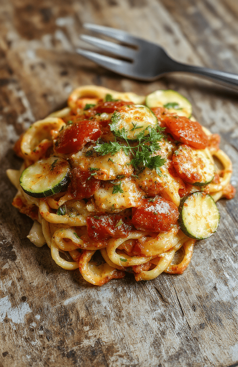 A vibrant plate of vegetarian tomato zucchini pasta with cherry tomatoes, zucchini spirals, fresh basil, grated parmesan, and olive oil drizzle on a rustic wooden table, showcasing colorful ingredients, textured pasta, and fresh herbs, styled simply for an inviting look.