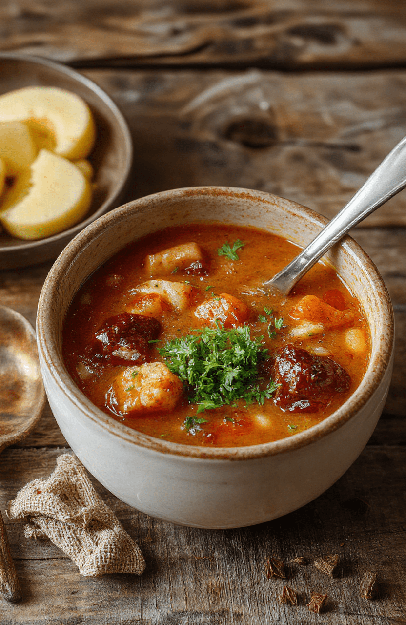 A vibrant bowl of cowboy soup featuring chunks of beef, beans, corn, and diced tomatoes, with a sprinkle of chopped herbs on top. The soup is served in a rustic white bowl placed on a wooden table, with steam rising and a spoon resting nearby. The background is blurred to emphasize the colorful ingredients and delicious textures.