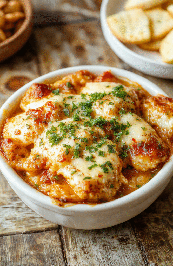A golden-brown baked chicken parmesan casserole in a white ceramic dish, topped with melted cheese and fresh basil, surrounded by crispy breadcrumb topping, vibrant red marinara sauce, served on a rustic wooden table with fresh ingredients nearby, appealing textures and inviting presentation.