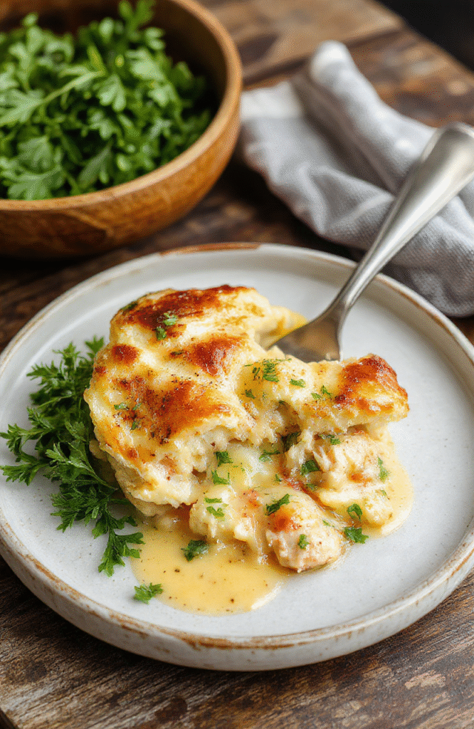 A vibrant dish featuring a golden-brown crustless chicken pot pie sliced open to reveal tender shredded chicken, mixed vegetables, and a creamy sauce, all elegantly served in a rustic white bowl with fresh herbs sprinkled on top, surrounded by a cozy kitchen countertop with natural daylight highlighting the dish textures and colors.