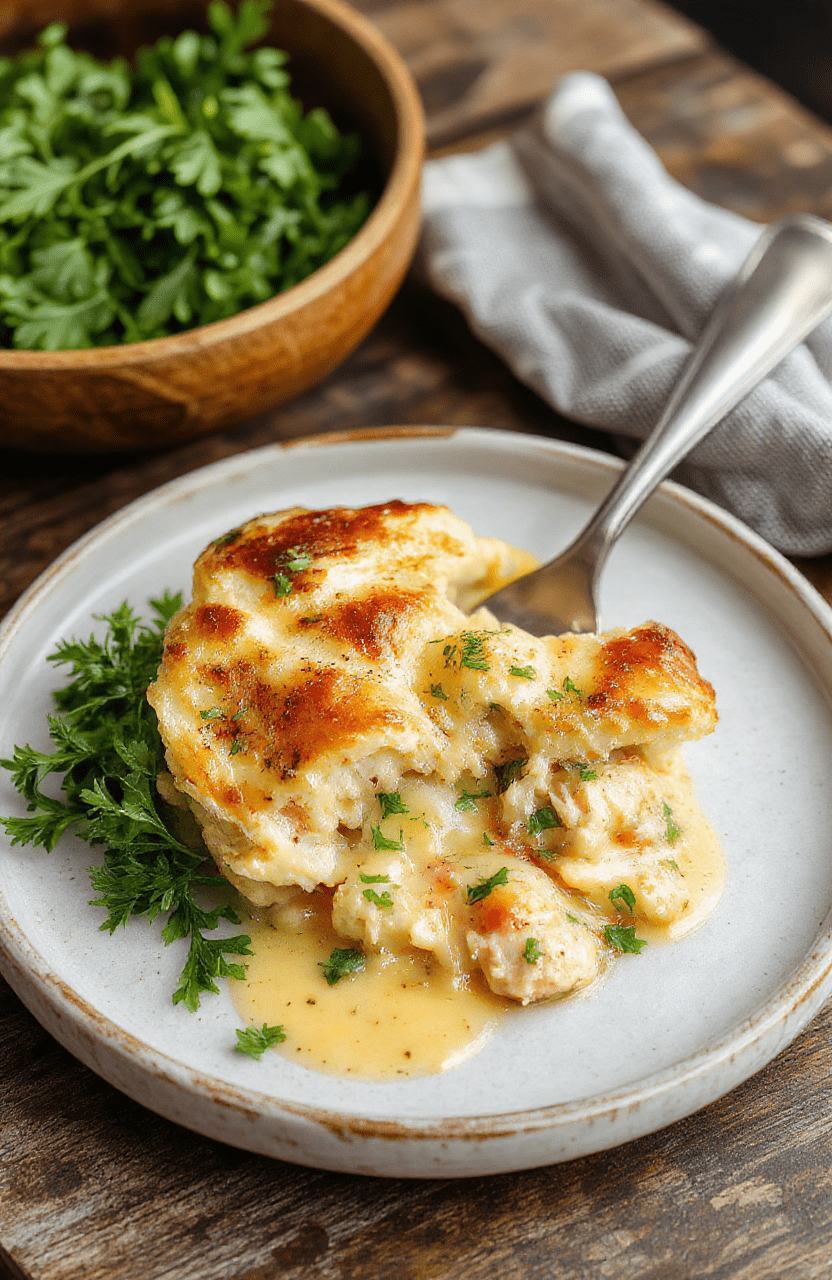 A vibrant dish featuring a golden-brown crustless chicken pot pie sliced open to reveal tender shredded chicken, mixed vegetables, and a creamy sauce, all elegantly served in a rustic white bowl with fresh herbs sprinkled on top, surrounded by a cozy kitchen countertop with natural daylight highlighting the dish textures and colors.