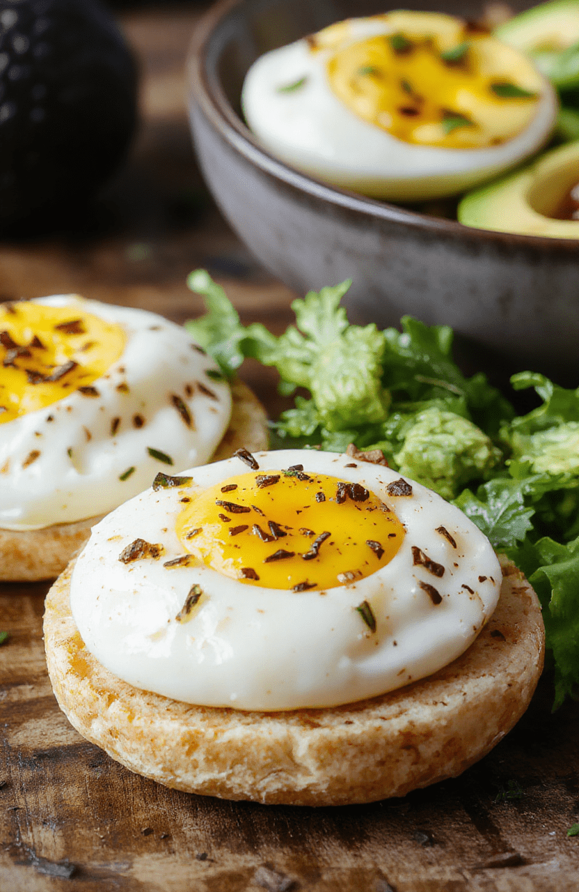 Vibrant egg and avocado salad arranged on a white plate, garnished with fresh herbs, featuring sliced boiled eggs, ripe avocado chunks, cherry tomatoes, and a drizzle of olive oil, styled with a rustic wooden background, emphasizing textures and fresh colors.
