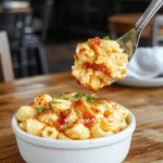 A vibrant plate of cheesy mac and cheese topped with glazed honey BBQ chicken pieces, garnished with fresh herbs, served on a rustic wooden table with a warm ambiance, showcasing textures of crispy chicken, creamy cheese, and tender pasta