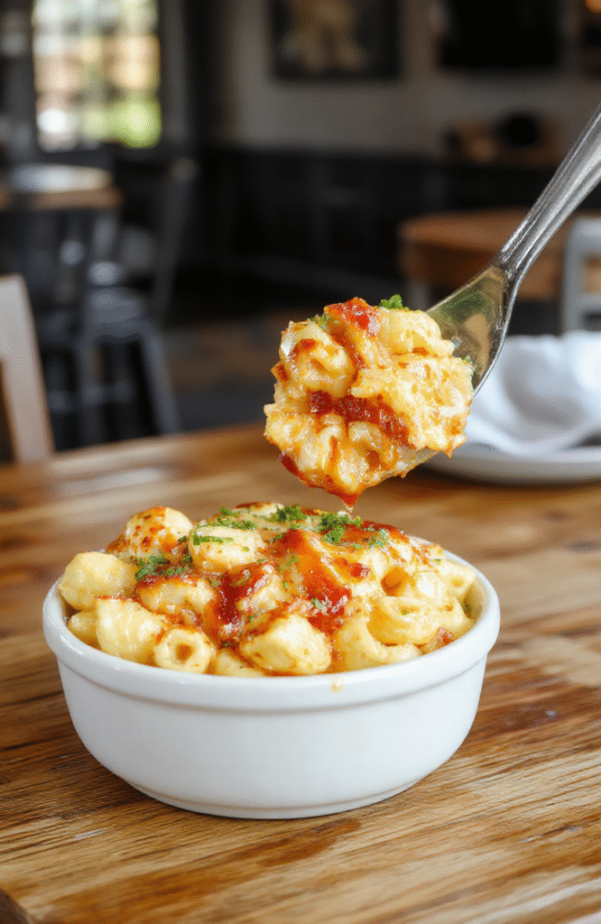 A vibrant plate of cheesy mac and cheese topped with glazed honey BBQ chicken pieces, garnished with fresh herbs, served on a rustic wooden table with a warm ambiance, showcasing textures of crispy chicken, creamy cheese, and tender pasta
