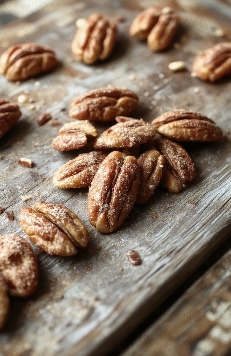 A close-up of a bowl of glazed cinnamon sugar pecans, golden-brown and coated with a glossy cinnamon sugar mixture, arranged on a rustic wooden surface with a scattering of cinnamon and sugar around, styled simply for a cozy snack presentation.