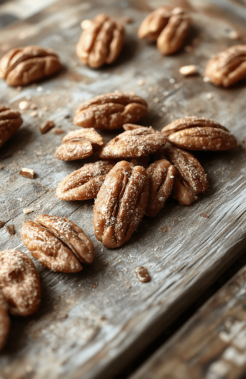 A close-up of a bowl of glazed cinnamon sugar pecans, golden-brown and coated with a glossy cinnamon sugar mixture, arranged on a rustic wooden surface with a scattering of cinnamon and sugar around, styled simply for a cozy snack presentation.