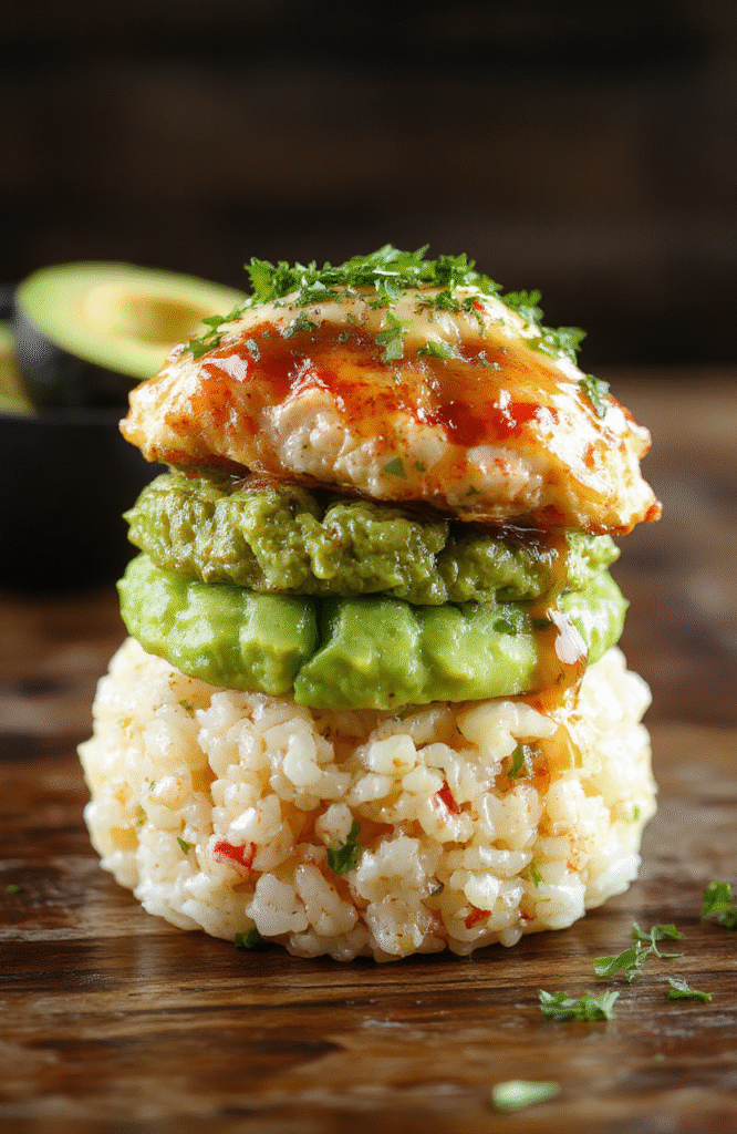 Vibrant honey lime chicken atop creamy avocado slices and fluffy rice, garnished with fresh herbs on a rustic wooden plate, colorful and appetizing