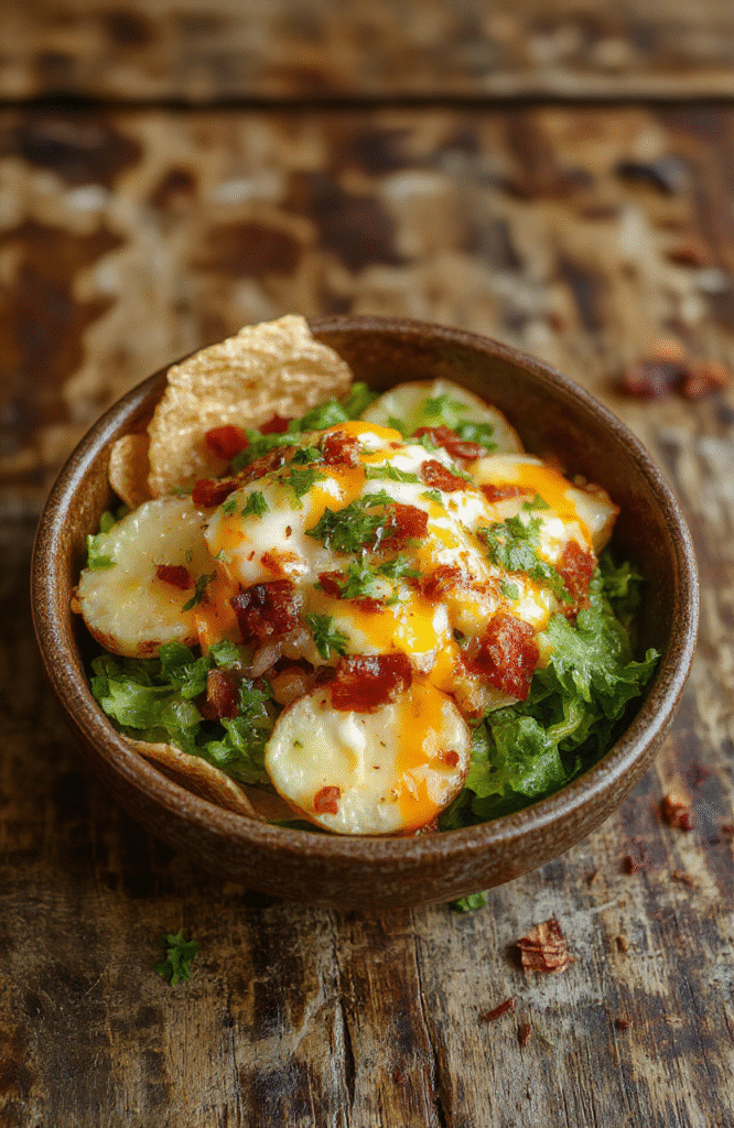 Colorful loaded potato taco bowl with golden crispy potato chunks topped with melted cheese, fresh cilantro, sour cream, and diced jalapenos, artistically arranged in a rustic white bowl on a wooden surface with vibrant toppings, textures of crispy potatoes and creamy toppings visible, styled for a cozy family dinner.