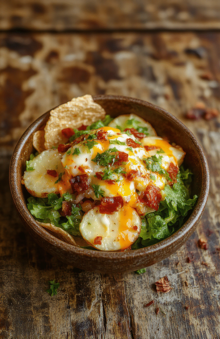 Colorful loaded potato taco bowl with golden crispy potato chunks topped with melted cheese, fresh cilantro, sour cream, and diced jalapenos, artistically arranged in a rustic white bowl on a wooden surface with vibrant toppings, textures of crispy potatoes and creamy toppings visible, styled for a cozy family dinner.