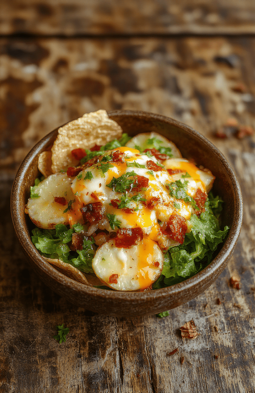 Colorful loaded potato taco bowl with golden crispy potato chunks topped with melted cheese, fresh cilantro, sour cream, and diced jalapenos, artistically arranged in a rustic white bowl on a wooden surface with vibrant toppings, textures of crispy potatoes and creamy toppings visible, styled for a cozy family dinner.