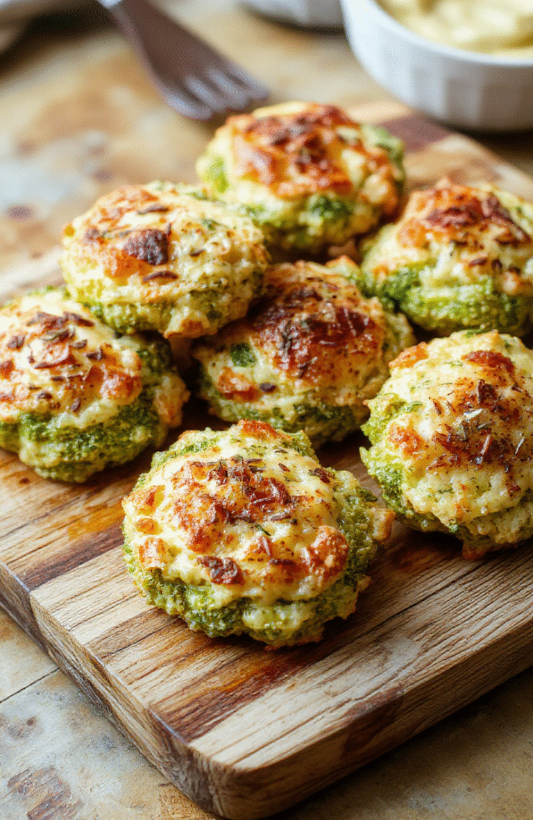 A plate of crispy broccoli cheese rounds arranged neatly on a rustic wooden board, golden brown edges, vibrant green broccoli peeking through melted cheese, garnished with chopped herbs, with a blurred background of kitchen counter and fresh ingredients, inviting and colorful.