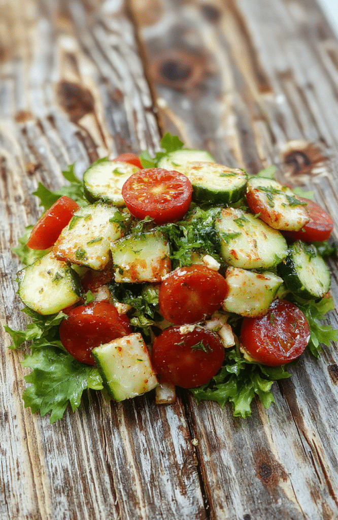 A vibrant Mediterranean salad featuring diced cucumber, ripe tomato wedges, and thinly sliced red onion arranged on a white ceramic plate. The colorful ingredients are drizzled with olive oil and sprinkled with fresh herbs like parsley and oregano. The salad has a fresh, crisp texture, with juicy tomatoes and crunchy cucumbers, styled with a rustic wooden background and a light scatter of herbs for a natural, appetizing look.