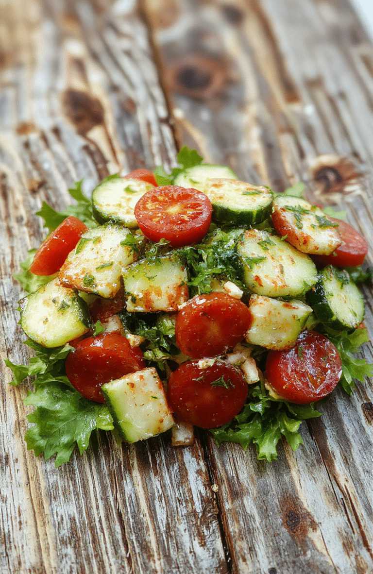 A vibrant Mediterranean salad featuring diced cucumber, ripe tomato wedges, and thinly sliced red onion arranged on a white ceramic plate. The colorful ingredients are drizzled with olive oil and sprinkled with fresh herbs like parsley and oregano. The salad has a fresh, crisp texture, with juicy tomatoes and crunchy cucumbers, styled with a rustic wooden background and a light scatter of herbs for a natural, appetizing look.