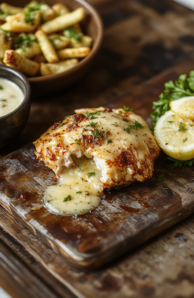 A close-up of succulent garlic butter chicken pieces plated beautifully, topped with fresh herbs and garlic slices, with a glossy, golden-brown crust, served on a stylish ceramic plate, surrounded by fresh garlic and herbs, highlighting the tender, juicy texture and rich buttery glaze, styled on a rustic wooden table.