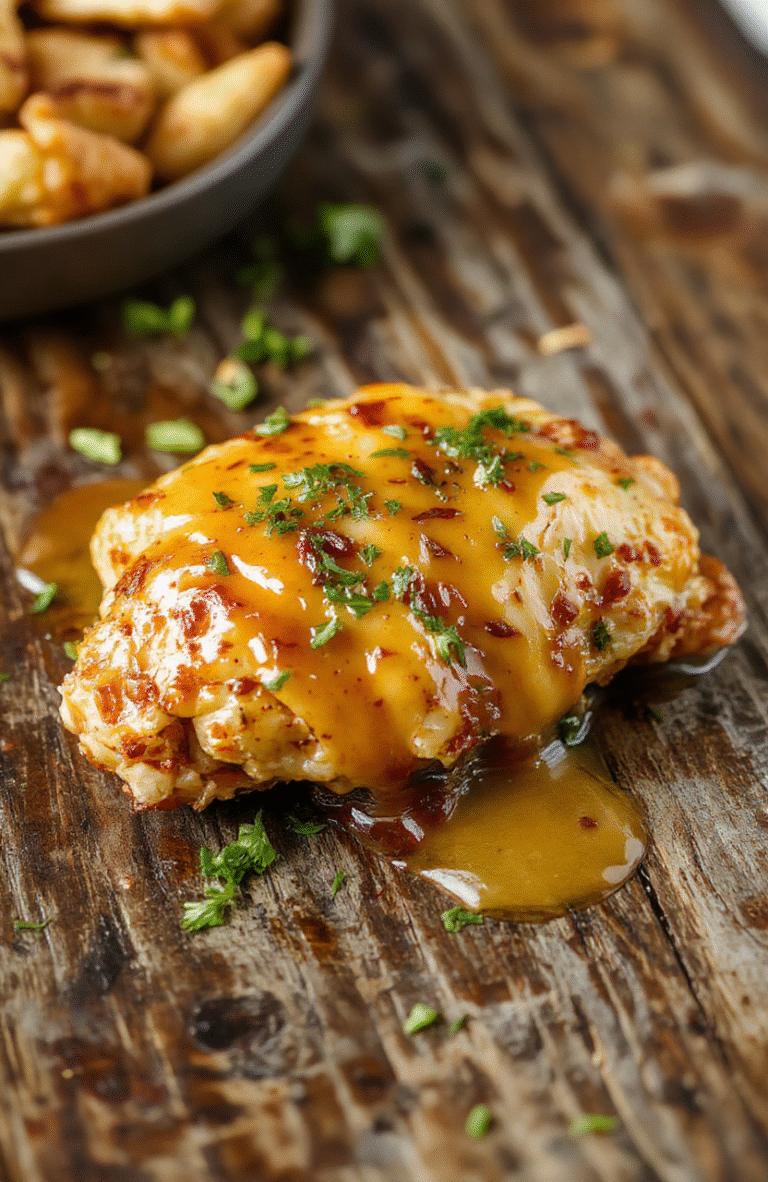 A close-up of golden, juicy honey butter chicken glazed with honey and topped with a pat of melting butter, served on a rustic white plate, garnished with fresh herbs, with a smooth sauce drizzled over tender, crispy chicken pieces, styled on a wooden table with natural light highlighting the glossy finish and textures.