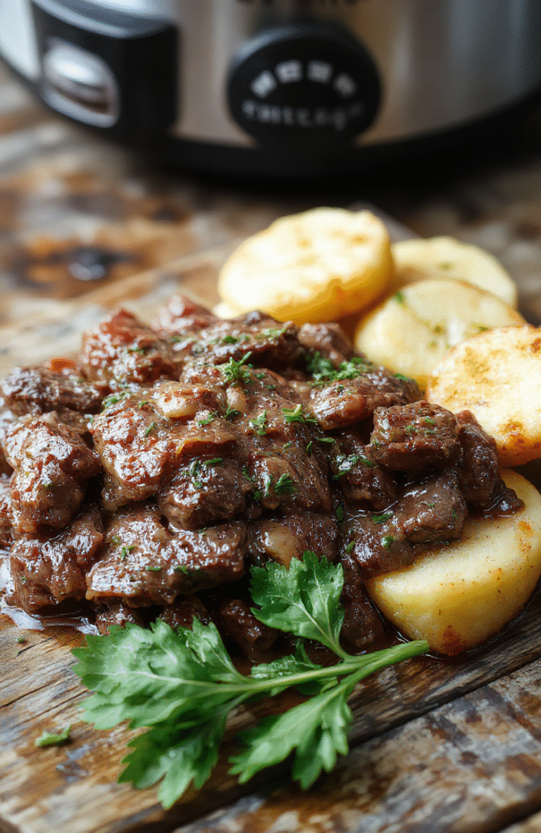 A steaming bowl of beef bourguignon featuring tender chunks of beef, glazed with rich red wine sauce, garnished with fresh herbs, served on a rustic wooden table with a deep red sauce and vegetables visible, emphasizing textures and hearty appeal.