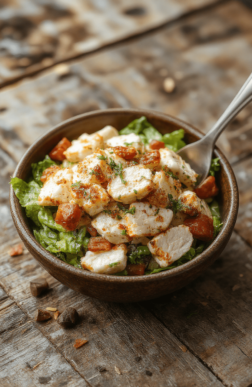 A vibrant bowl of Million Dollar Chicken Salad featuring chopped chicken, creamy dressing, colorful vegetables, and sprinkled herbs on a rustic wooden table with a bright, inviting background.
