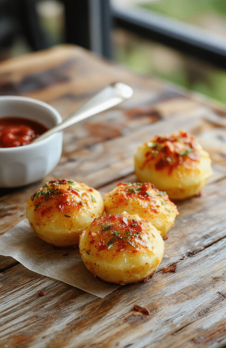Golden mini potato bites arranged neatly on a rustic wooden platter, garnished with fresh herbs and drizzled with a creamy dipping sauce. The crispy exterior contrasts with the tender interior, showcasing a light seasoning and vibrant colors. The close-up captures the textures and inviting appeal of these bite-sized treats, styled simply for a casual, appetizing presentation.
