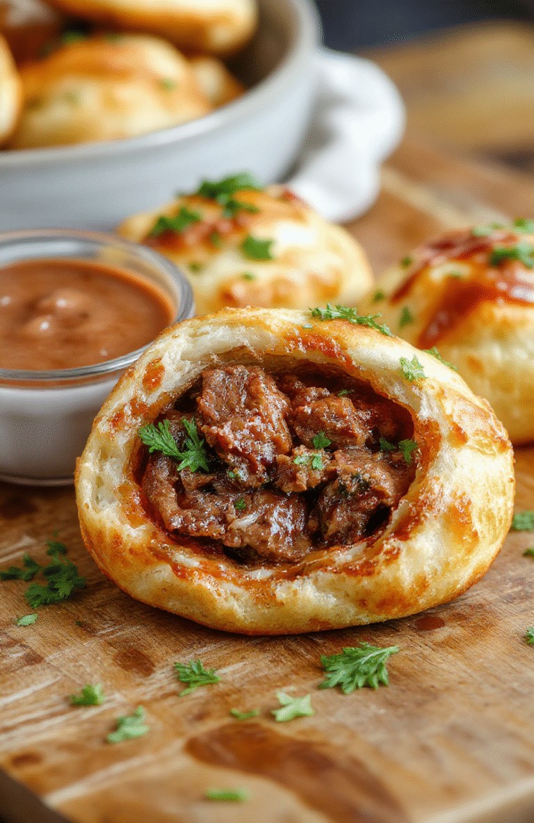 Golden brown pastry puffs filled with tender pulled beef, garnished with fresh herbs. The puffs are flaky and crispy, served on a rustic wooden platter with a side of dipping sauce and scattered green herbs, creating an inviting and hearty visual.