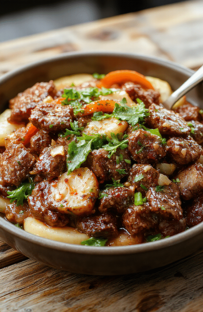 A vibrant beef stir fry served in a white bowl with colorful fresh vegetables like bell peppers, broccoli, and snap peas, glossy sauce coating the ingredients, styled simply on a rustic wooden table with natural light highlighting the textures and colors.