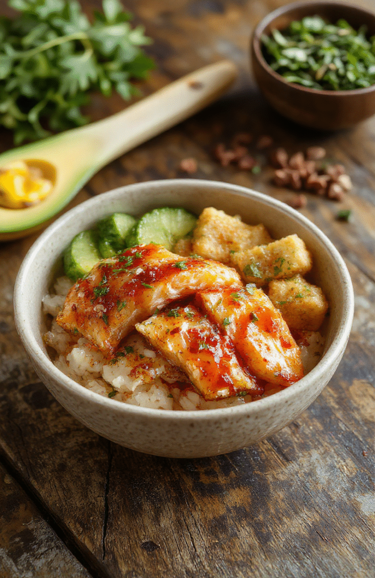Colorful and appetizing Air Fried Teriyaki Salmon Bites served over a bed of fluffy rice, garnished with sesame seeds and sliced scallions, vibrant sauce glaze catching the light, casual plating on a rustic wooden table, vibrant and inviting visual appeal.