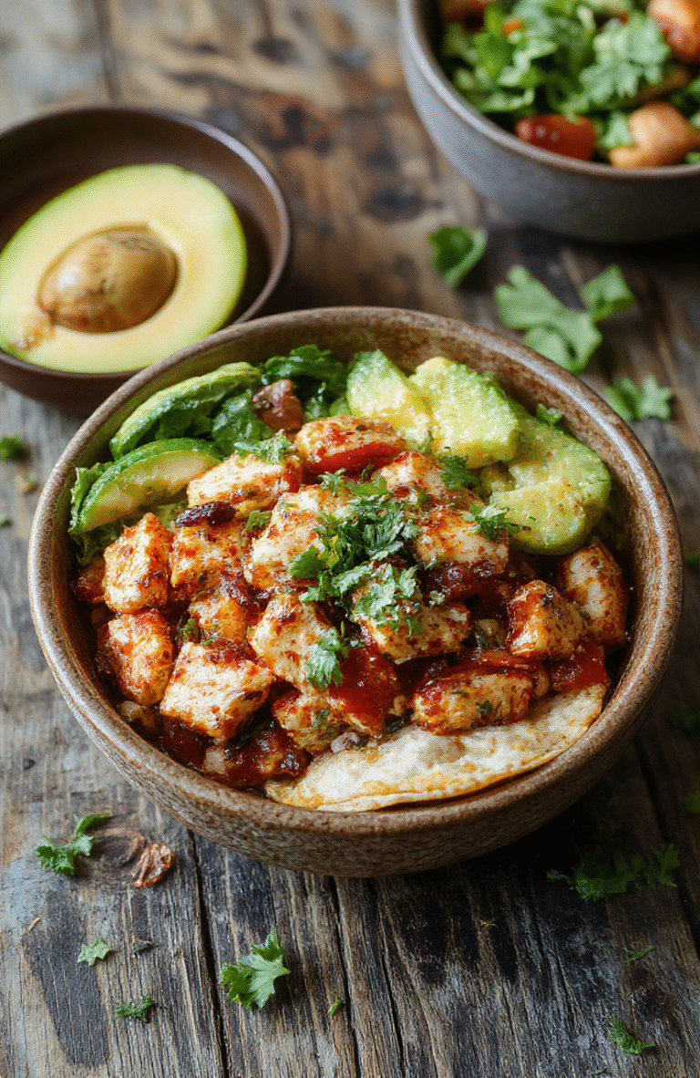 A colorful chicken fajita burrito bowl featuring grilled diced chicken, bell peppers, and onions on a vibrant bed of cilantro-lime rice, topped with shredded cheese and fresh herbs. The bowl is arranged neatly on a rustic wooden surface with a backdrop of fresh ingredients. Textures of the tender chicken, crisp vegetables, and melty cheese create an appetizing and inviting presentation, perfect for a quick and wholesome dinner.