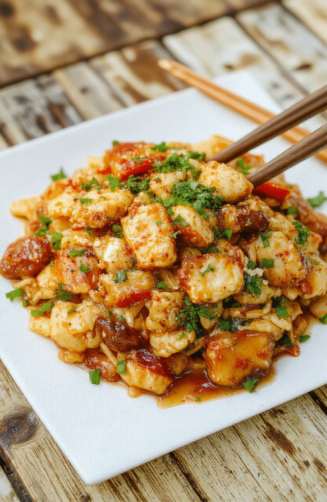A vibrant plate of homemade chicken chow mein featuring golden-brown chicken pieces, stir-fried vegetables, and glossy noodles topped with green onions. The dish is beautifully plated with a colorful mix of carrots, bell peppers, and bean sprouts, styled casually on a rustic wooden surface. The noodles look slightly caramelized and glossy, with steam rising gently, evoking warmth and comfort.