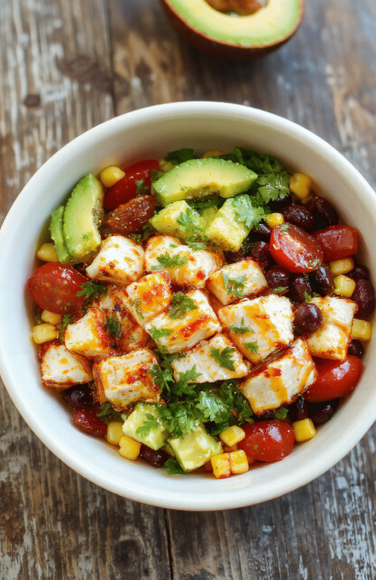 A vibrant Southwest chicken salad served in a white bowl, featuring colorful ingredients such as diced grilled chicken, black beans, corn, cherry tomatoes, avocado slices, fresh cilantro, and a drizzle of tangy dressing. The salad is arranged attractively with a rustic wooden background, emphasizing fresh, healthy textures and bright colors that make it look appetizing and perfect for a quick meal.