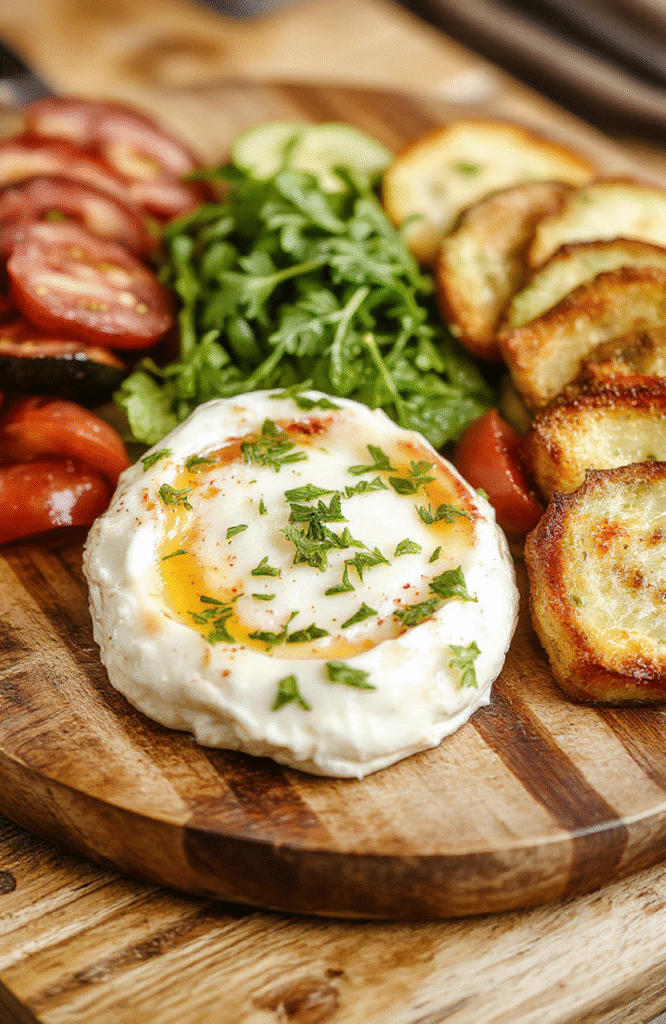 A vibrant bowl of creamy Caprese Dip topped with fresh basil leaves and drizzled with balsamic glaze, surrounded by cherry tomatoes and mozzarella balls on a rustic wooden platter, colorful and appetizing presentation with a splash of olive oil, styled casually for an inviting restaurant vibe.