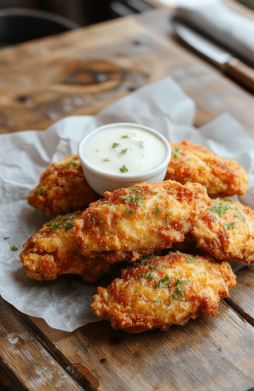 Colorful plate of golden-brown chicken tenders glazed with creamy sauce, garnished with fresh herbs, presented on a white ceramic plate with a rustic background, textured wooden surface, inviting and appetizing.