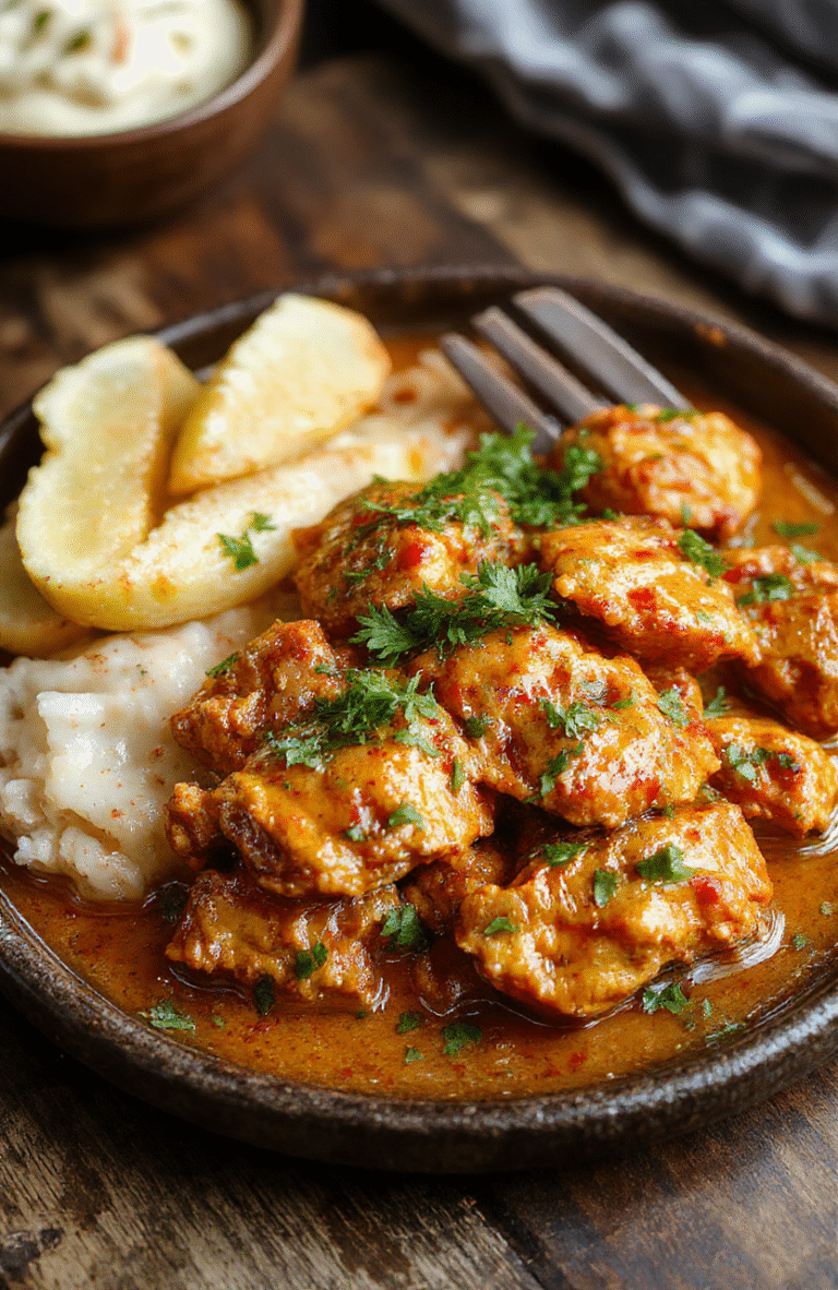 A vibrant bowl of creamy butter chicken with a rich orange sauce, garnished with fresh cilantro, served alongside fluffy white rice on a rustic wooden table, showcasing textures of tender chicken and smooth sauce, styled simply with minimal props for a cozy, inviting look.