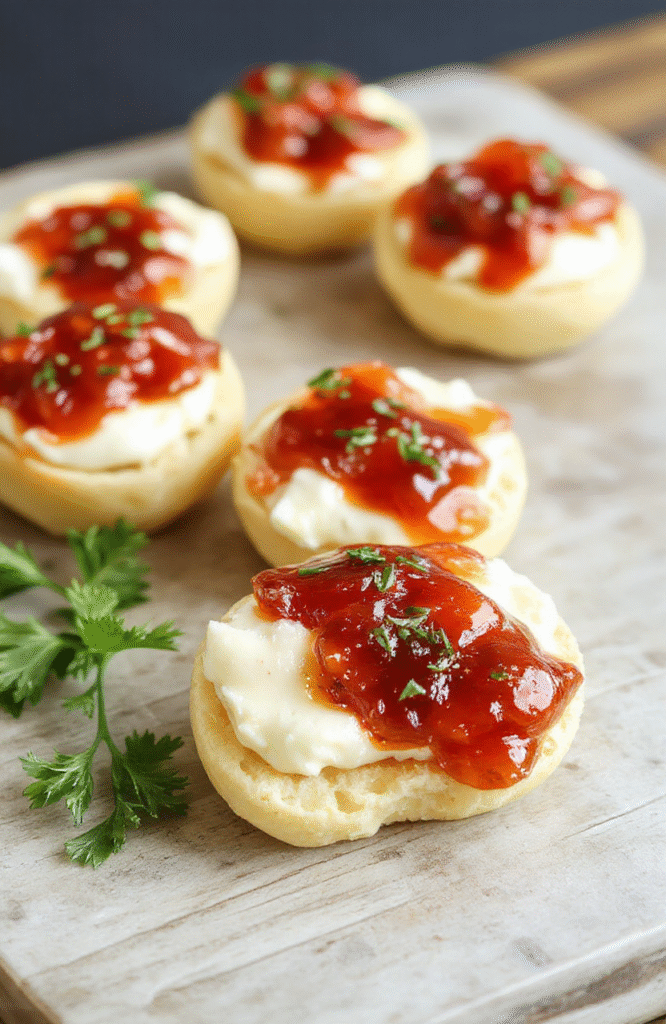 A vibrant platter showcasing golden-brown cracker bites topped with creamy cheese and glossy red pepper jelly, garnished with green herbs, styled for a casual party setting with a neutral background.
