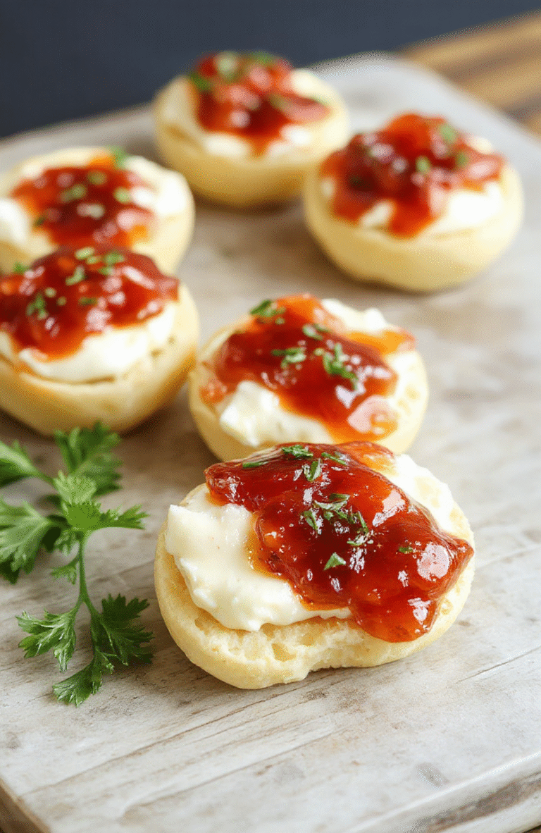 A vibrant platter showcasing golden-brown cracker bites topped with creamy cheese and glossy red pepper jelly, garnished with green herbs, styled for a casual party setting with a neutral background.